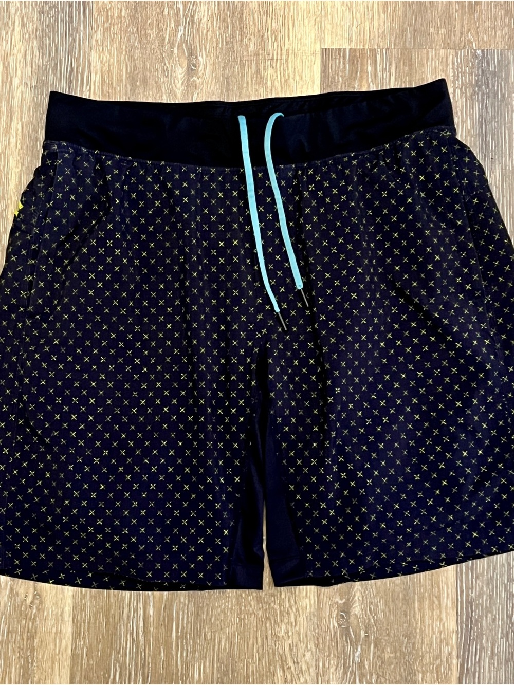 Men's Black Performance Shorts with liner and Yellow Print